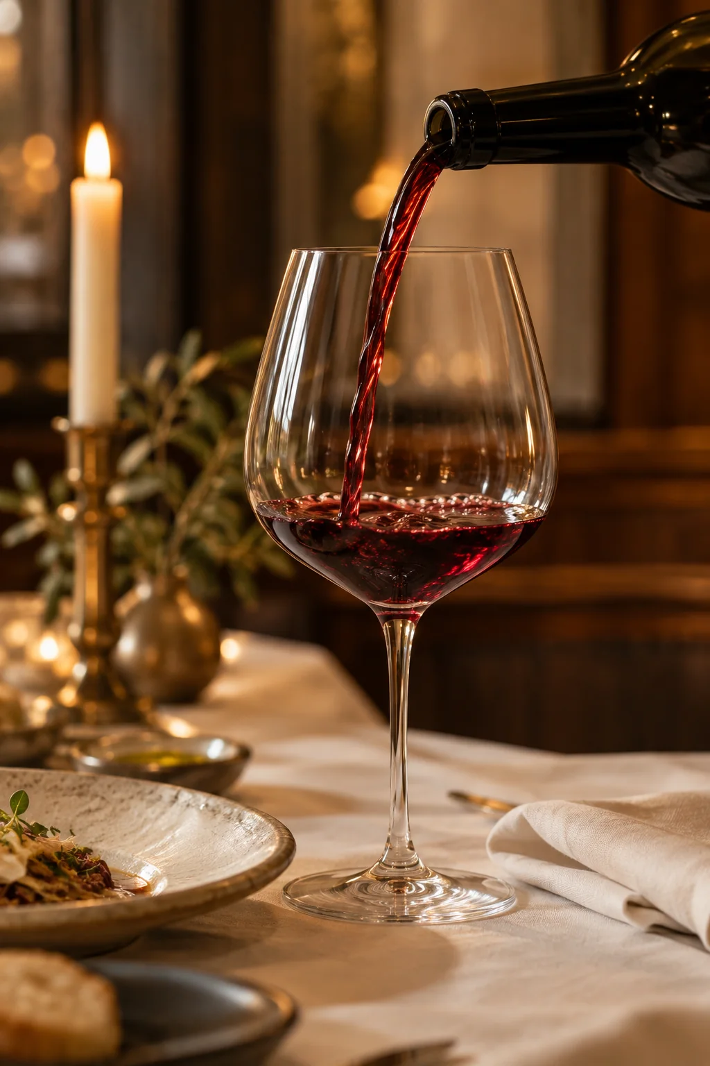 Ruby red wine poured into a crystal glass over ivory linen